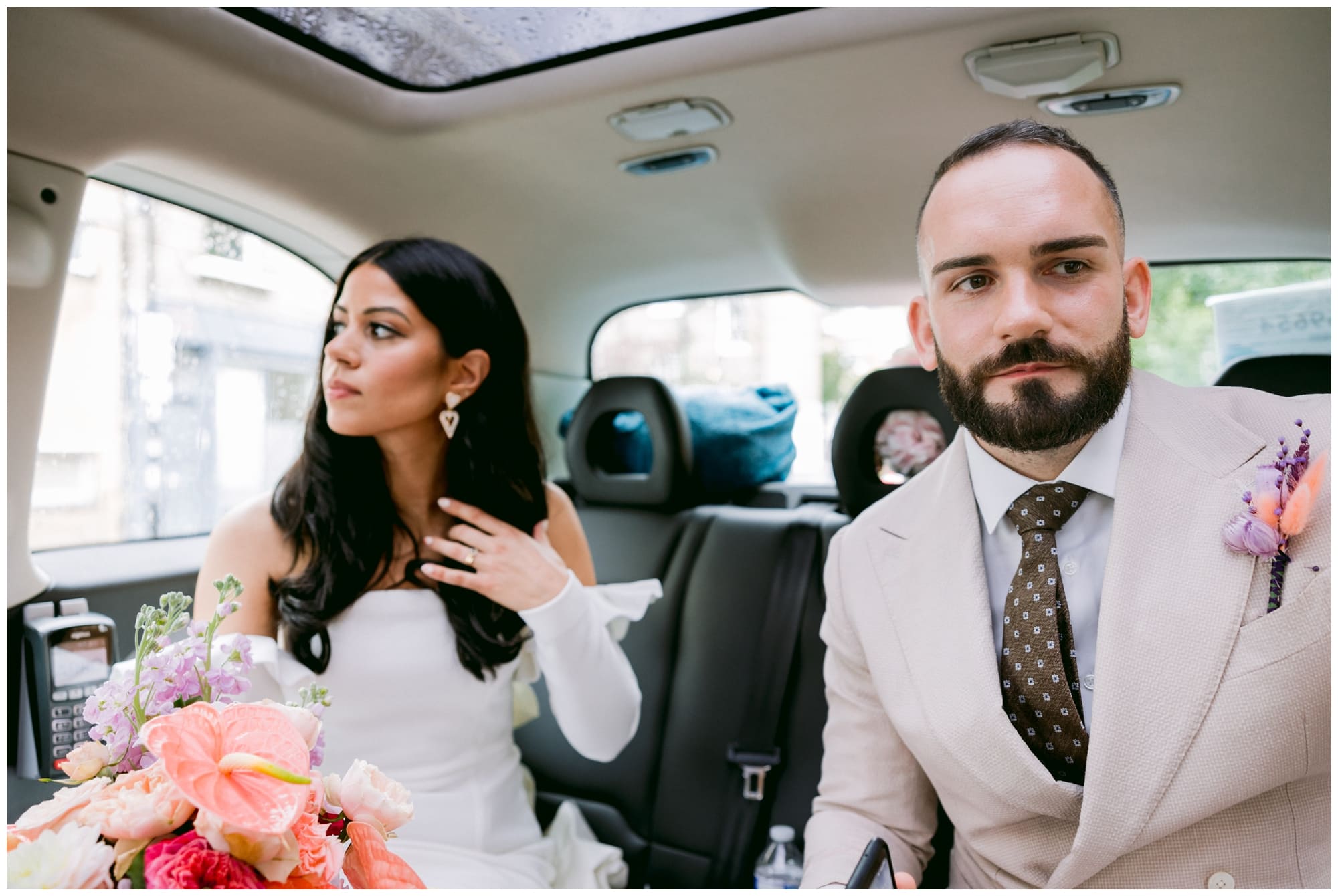bride and groom taxi photo, rebecca vallance bride, suit supply groom
